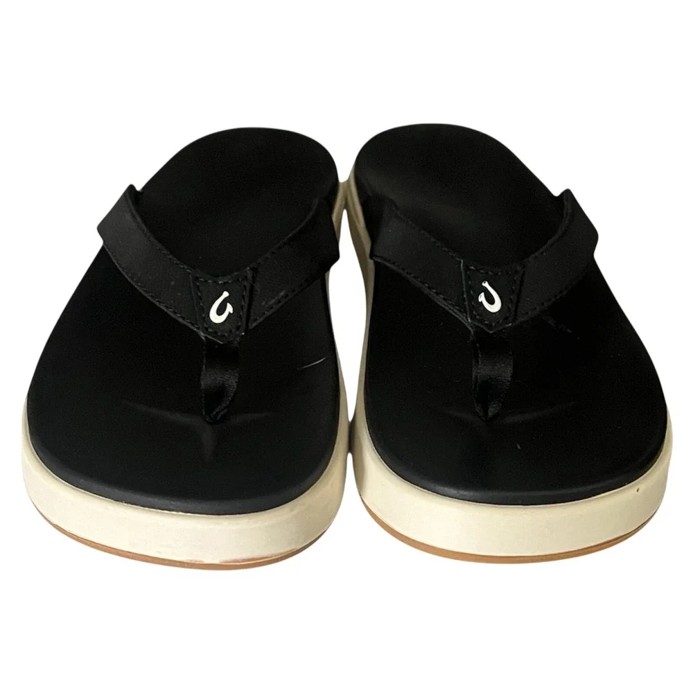 OluKai Hila Womens Platform Flip Flops Size 11 Black White‎ Sandals 20484-4013